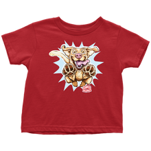 Load image into Gallery viewer, a red OMG You&#39;re Home toddler t-shirt featuring the original Yellow Labrador Retriever dog design on the front in full color